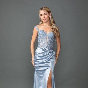 New Off Shoulder Long Dusty Blue Sheath Satin Gown w/ Floral Lace Bodice DQ 4536